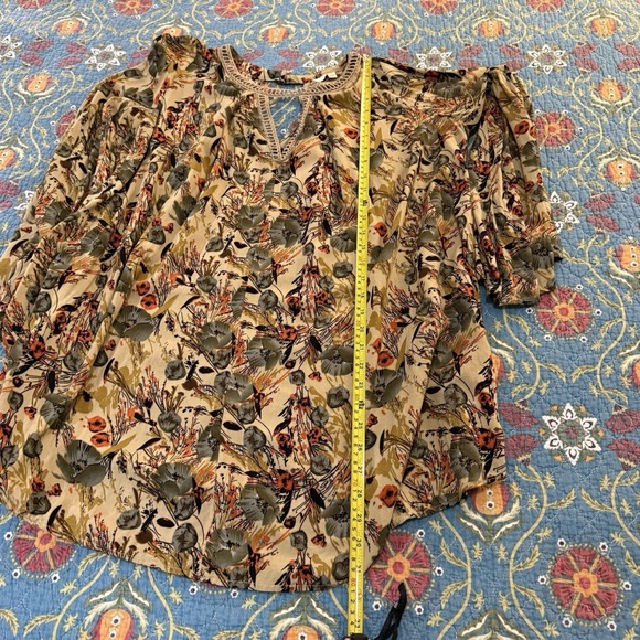 Umgee USA Boho Floral Peasant Blouse Womens Large Crochet Neck Tunic 3/4 Sleeve - Picture 8 of 11